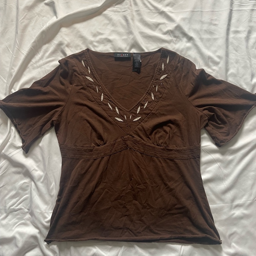 brown cotton blouse with white embroidery